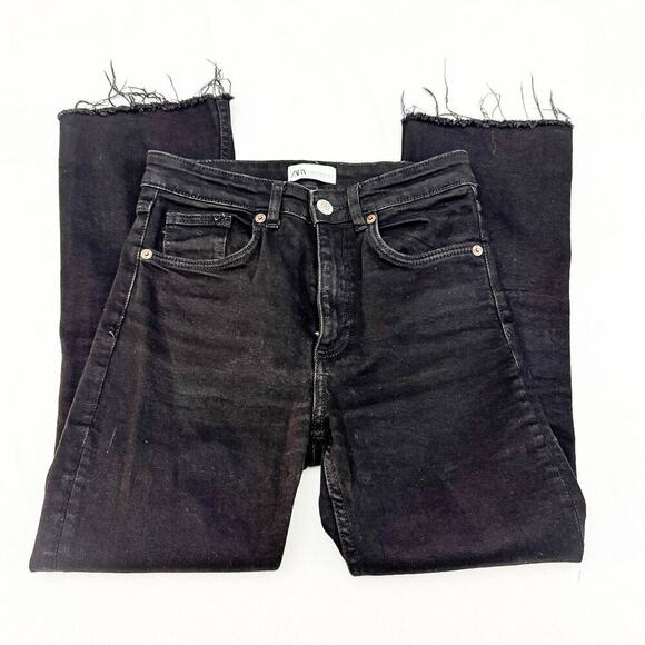 Zara Black Flared Wide Leg Raw Hem Denim Jeans Zip Up Size 6 - Picture 4 of 8